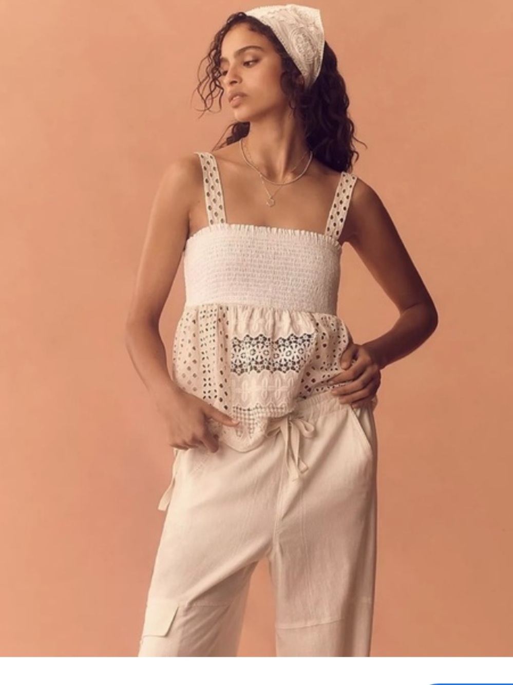 Anthropologie Ivory Smocked Peplum Tank XS Eyelet Lace Texture Details L👀K - Picture 5 of 13